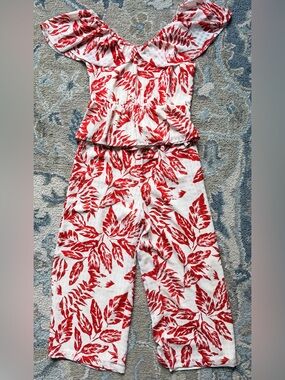 Women’s Red Leaf-Print Wide-Leg Matching Set NWOT